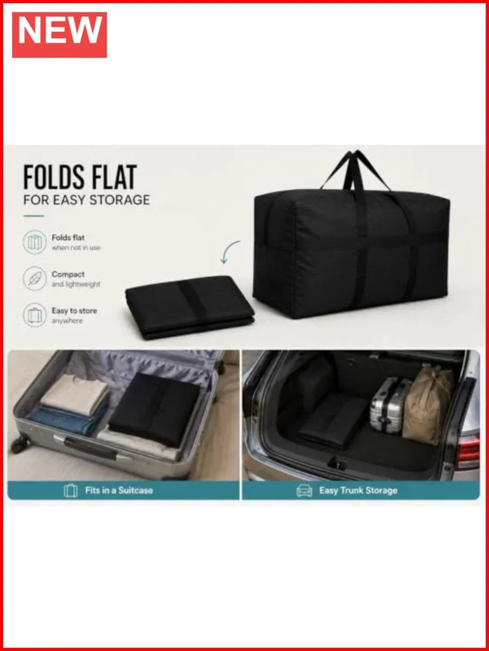 60L Foldable Storage Duffle Bag with Zippers and Handles, Travel Duffle